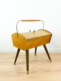 1960s Midcentury Wooden SEWING BOX with Handle on tapered LEGS