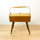 1960s Midcentury Wooden SEWING BOX with Handle on tapered LEGS