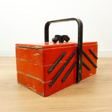 Red Black 1940s Wooden Cantilever Sewing Box Vintage Storage