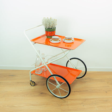Orange White 1970s FOLDABLE SERVING TROLLEY Bar Cart