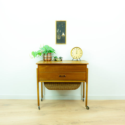 1960s DANISH DESIGN Sewing Table CART with drawers and wicker basket