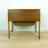 1960s DANISH DESIGN Sewing Table CART with drawers and wicker basket