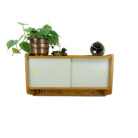 Original 60s vintage wooden WALL CABINET light gray sliding doors