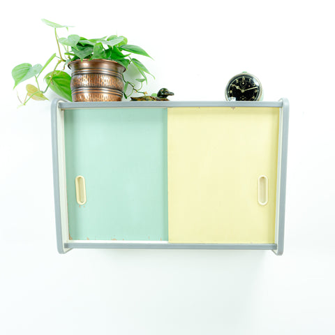 1960s midcentury KITCHEN WALL CABINET vanilla yellow blue sliding doors