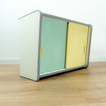 1960s midcentury KITCHEN WALL CABINET vanilla yellow blue sliding doors