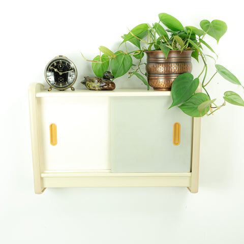 1960s ivory midcentury KITCHEN WALL CABINET white gray sliding doors