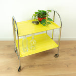 70s Midcentury FOLDING BAR CART serving trolley, yellow faux-wood Formica