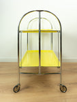 70s Midcentury FOLDING BAR CART serving trolley, yellow faux-wood Formica