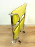 70s Midcentury FOLDING BAR CART serving trolley, yellow faux-wood Formica
