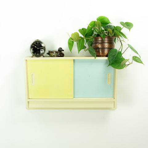 1950s midcentury KITCHEN WALL CABINET vanilla yellow blue sliding doors