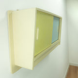 1950s midcentury KITCHEN WALL CABINET vanilla yellow blue sliding doors