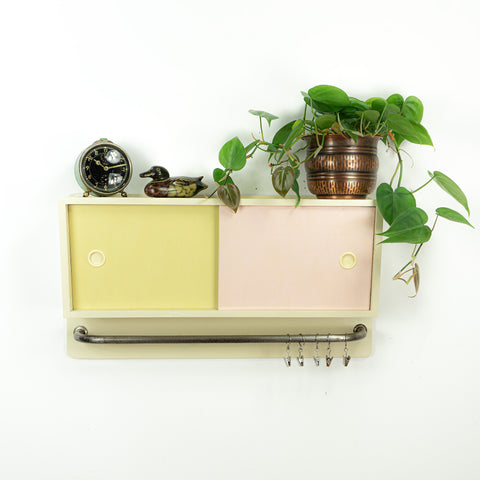 1950s vintage wooden KITCHEN WALL CABINET pastel sliding doors