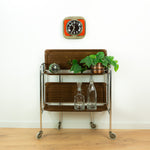1970s walnut brown FOLDABLE BAR CART, midcentury faux-wood trolley