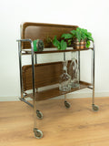 1970s walnut brown FOLDABLE BAR CART, midcentury faux-wood trolley