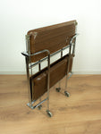 1970s walnut brown FOLDABLE BAR CART, midcentury faux-wood trolley