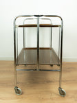 1970s walnut brown FOLDABLE BAR CART, midcentury faux-wood trolley