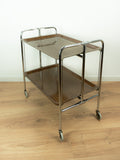1970s walnut brown FOLDABLE BAR CART, midcentury faux-wood trolley