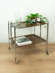 1970s walnut brown FOLDABLE BAR CART, midcentury faux-wood trolley