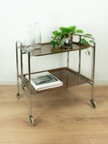 1970s walnut brown FOLDABLE BAR CART, midcentury faux-wood trolley
