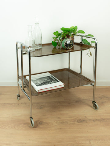 1970s walnut brown FOLDABLE BAR CART, midcentury faux-wood trolley