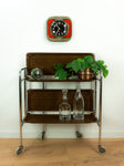 1970s walnut brown FOLDABLE BAR CART, midcentury faux-wood trolley