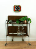 1970s walnut brown FOLDABLE BAR CART, midcentury faux-wood trolley
