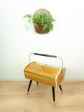 1960s Midcentury Wooden SEWING BOX with Handle on tapered LEGS