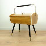 1960s Midcentury Wooden SEWING BOX with Handle on tapered LEGS