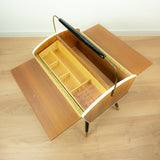 1960s Midcentury Wooden SEWING BOX with Handle on tapered LEGS