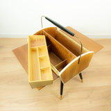 1960s Midcentury Wooden SEWING BOX with Handle on tapered LEGS