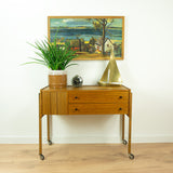 1960s XXL Teak Wood SEWING TABLE Cart Midcentury Side Table on Casters