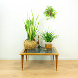 Midcentury Wooden Smoked Glass Coffee Table - Plant Stand with Tapered Legs