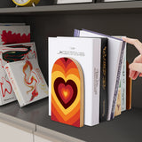 Rainbow Heart retro wooden bookend on a dark shelf with books