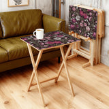 Dark Rose Garden retro TV tray set of 4, in a living room beside an olive sofa
