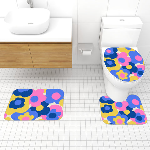 Floral Midcentury 3-Piece Bath Mat Set | Retro 70s Vibrant Pattern