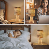 Retro Table Lamp – Wood Grain Print, Linen Shade, Wooden Legs