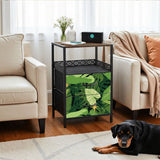 Monstera Leaf Print Nightstand with Built-In Power & Retro Front