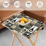 Atomic Bottles Olive retro TV tray set of 4, tabletop close-up with fruit bowl