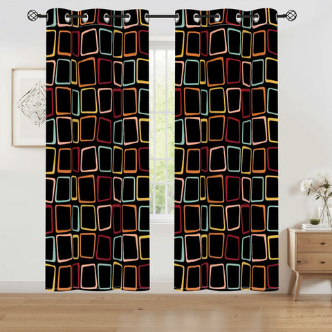 Black 70s Midcentury Blackout Curtains: Retro Squares Design Panels