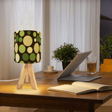 70s Retro Table Lamp: Brown Green Polka Dot Linen Shade, Wood Tripod Base
