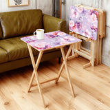 Pink Watercolor Roses retro TV tray set of 4, in a living room beside an olive sofa