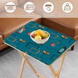 Atomic Cocktail Teal retro TV tray set of 4, tabletop close-up with fruit bowl