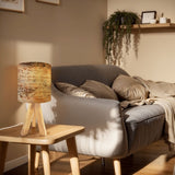 Retro Table Lamp – Wood Grain Print, Linen Shade, Wooden Legs