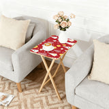 Red Christmas Trees retro TV tray set of 4, next to a grey sofa with flowers
