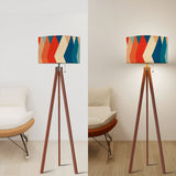 Retro 70s Midcentury Style Floor Lamp: Wooden Tripod, Linen Shade, Remote