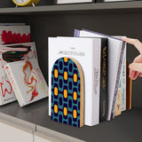Navy Gold Ovals retro wooden bookend on a dark shelf with books