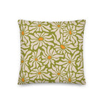 RETRO 70s Midcentury Green White Orange DAISY Premium PILLOW, Hippie Boho Floral