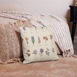 BEIGE BOTANICAL VINTAGE Print Labeled Flowers Premium Pillow, Floral Cottagecore