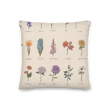 BEIGE BOTANICAL VINTAGE Print Labeled Flowers Premium Pillow, Floral Cottagecore