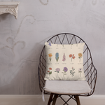 BEIGE BOTANICAL VINTAGE Print Labeled Flowers Premium Pillow, Floral Cottagecore